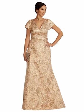 OLEG CASSINI Short Sleeve V-Neck Jacquard Sheath Gown Size 16 Champagne Color
